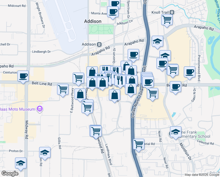 map of restaurants, bars, coffee shops, grocery stores, and more near 4980 Belt Line Road in Dallas