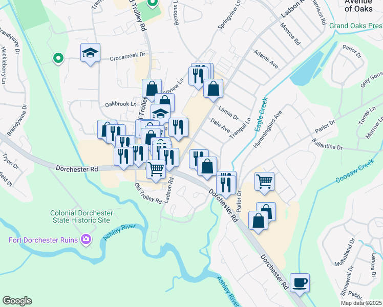 map of restaurants, bars, coffee shops, grocery stores, and more near 28 Alma Drive in Ladson