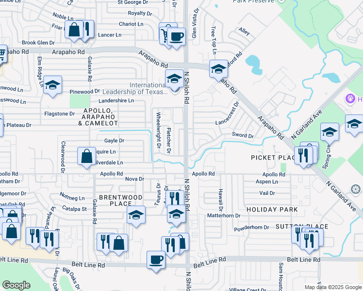map of restaurants, bars, coffee shops, grocery stores, and more near 3910 Blacksmith Drive in Garland