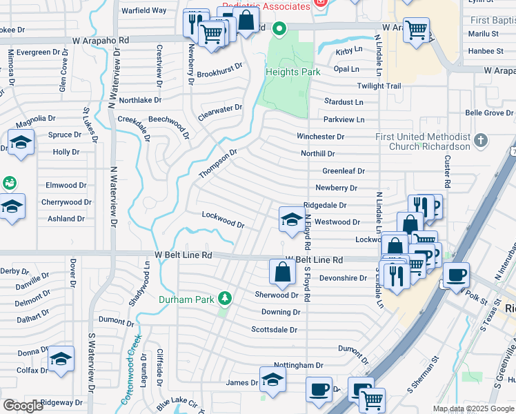 map of restaurants, bars, coffee shops, grocery stores, and more near 804 Westwood Drive in Richardson