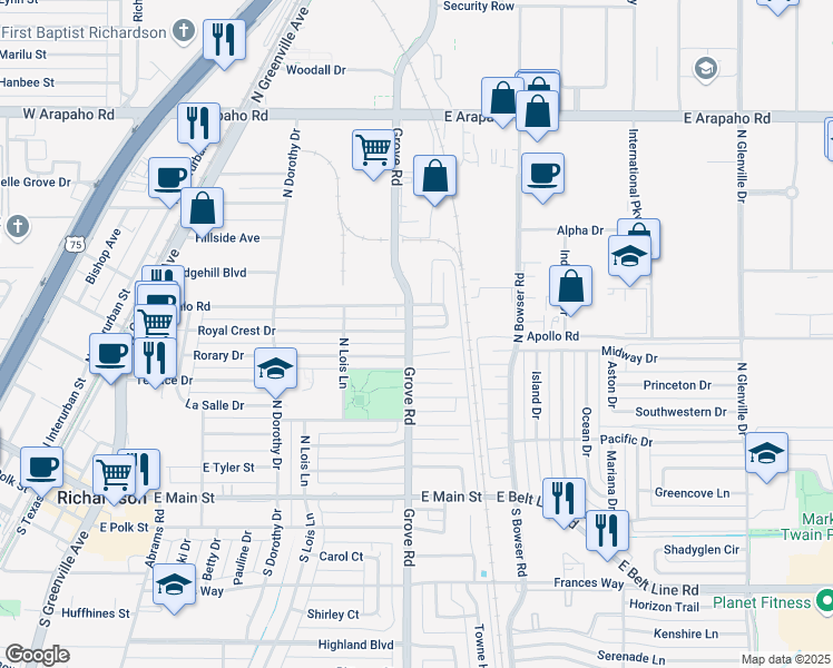 map of restaurants, bars, coffee shops, grocery stores, and more near 600 Royal Crest Drive in Richardson