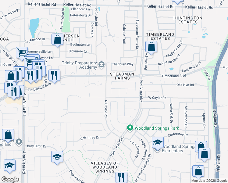 map of restaurants, bars, coffee shops, grocery stores, and more near 5125 West Caylor Road in Fort Worth