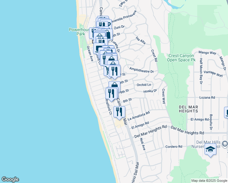 map of restaurants, bars, coffee shops, grocery stores, and more near 232 9th Street in Del Mar