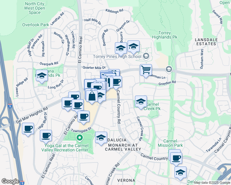 map of restaurants, bars, coffee shops, grocery stores, and more near 12730 Carmel Country Road in San Diego