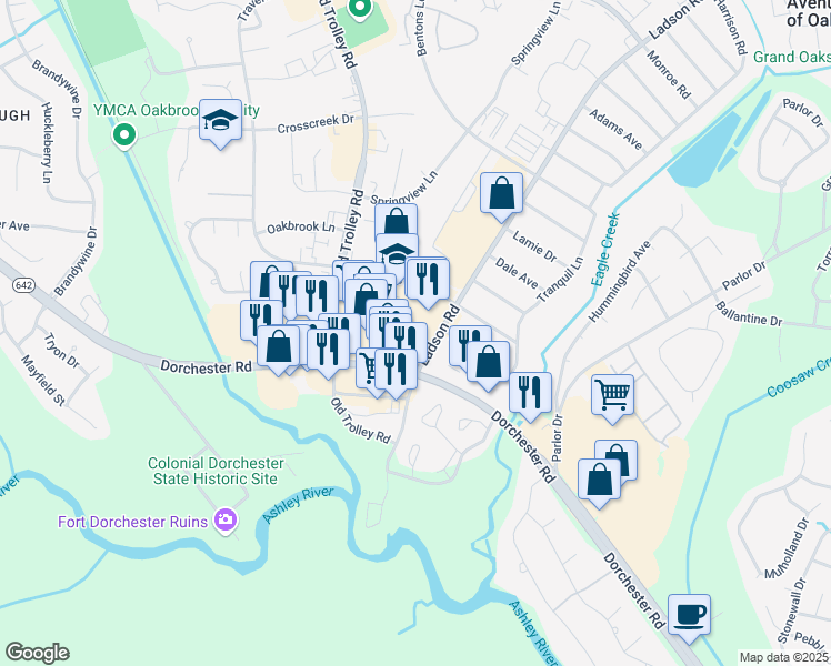 map of restaurants, bars, coffee shops, grocery stores, and more near 10008 Dorchester Road in Summerville