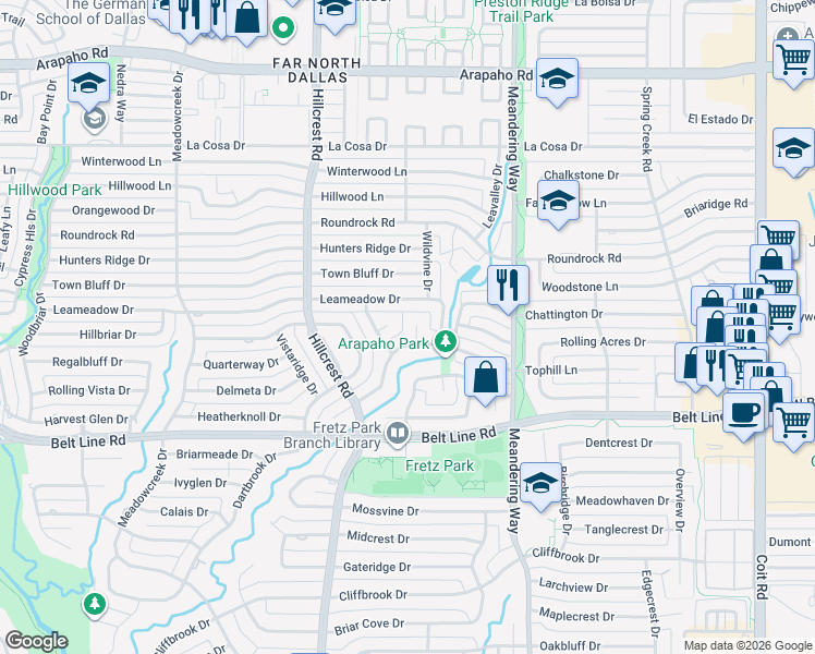 map of restaurants, bars, coffee shops, grocery stores, and more near 7329 Tophill Circle in Dallas