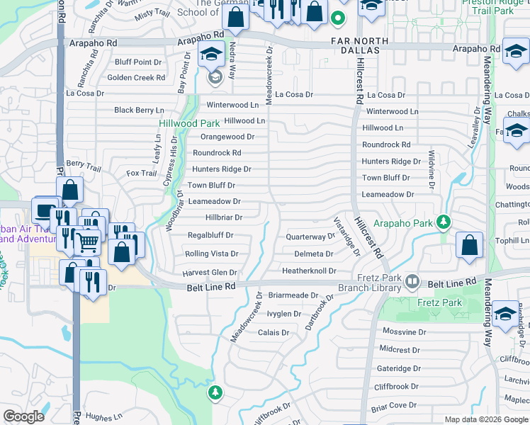 map of restaurants, bars, coffee shops, grocery stores, and more near 6764 Hillbriar Drive in Dallas