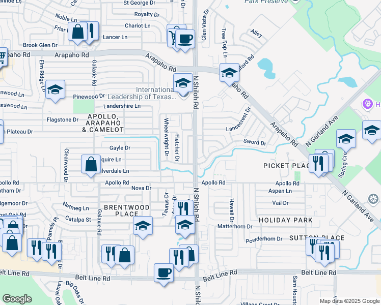 map of restaurants, bars, coffee shops, grocery stores, and more near 3910 Blacksmith Drive in Garland