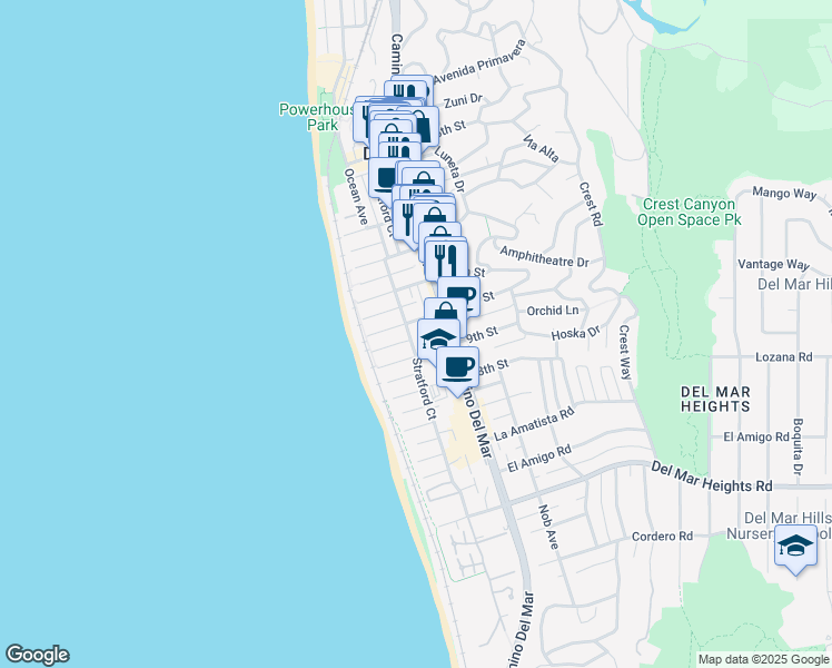 map of restaurants, bars, coffee shops, grocery stores, and more near 931 Stratford Court in Del Mar