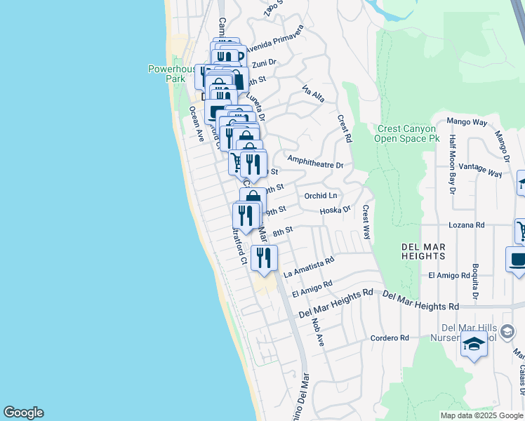map of restaurants, bars, coffee shops, grocery stores, and more near 300 9th Street in Del Mar