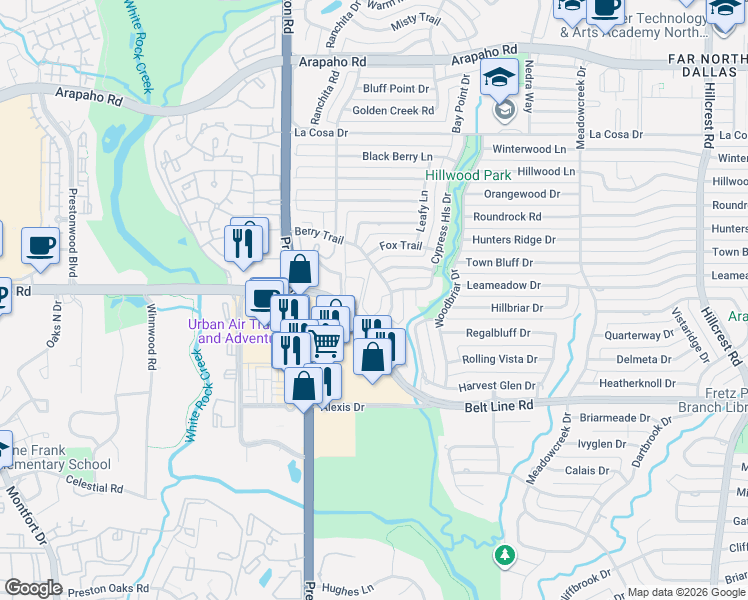 map of restaurants, bars, coffee shops, grocery stores, and more near 15215 Berry Trail in Dallas