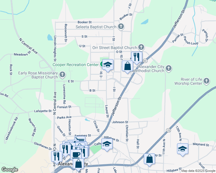 map of restaurants, bars, coffee shops, grocery stores, and more near 740 Laurel Street in Alexander City