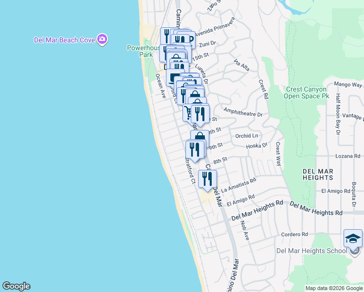 map of restaurants, bars, coffee shops, grocery stores, and more near 950 Stratford Court in Del Mar