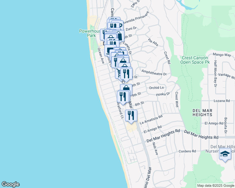 map of restaurants, bars, coffee shops, grocery stores, and more near 931 Stratford Court in Del Mar