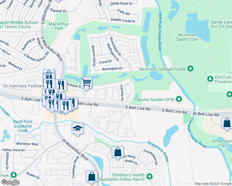 map of restaurants, bars, coffee shops, grocery stores, and more near 777 Fairway Drive in Coppell