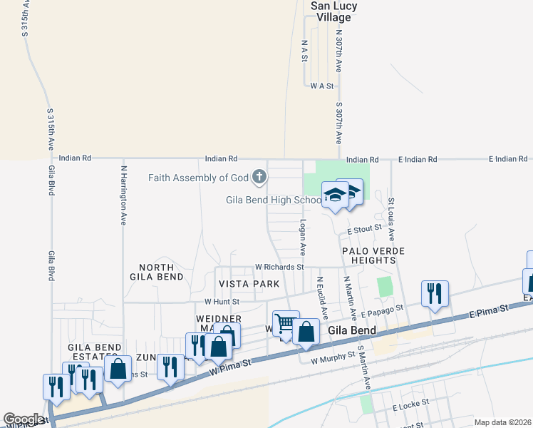 map of restaurants, bars, coffee shops, grocery stores, and more near 906 North Scott Avenue in Gila Bend