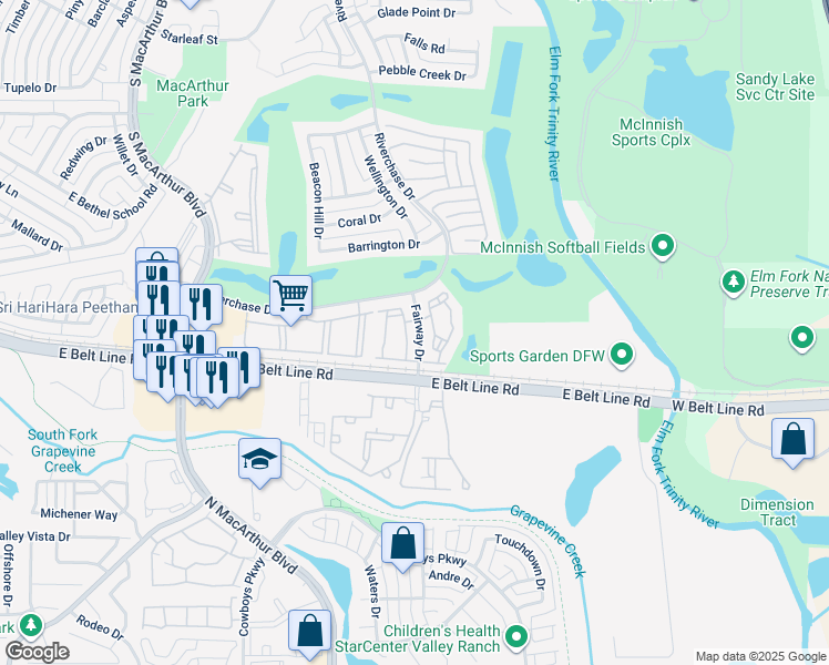 map of restaurants, bars, coffee shops, grocery stores, and more near 777 Fairway Drive in Coppell