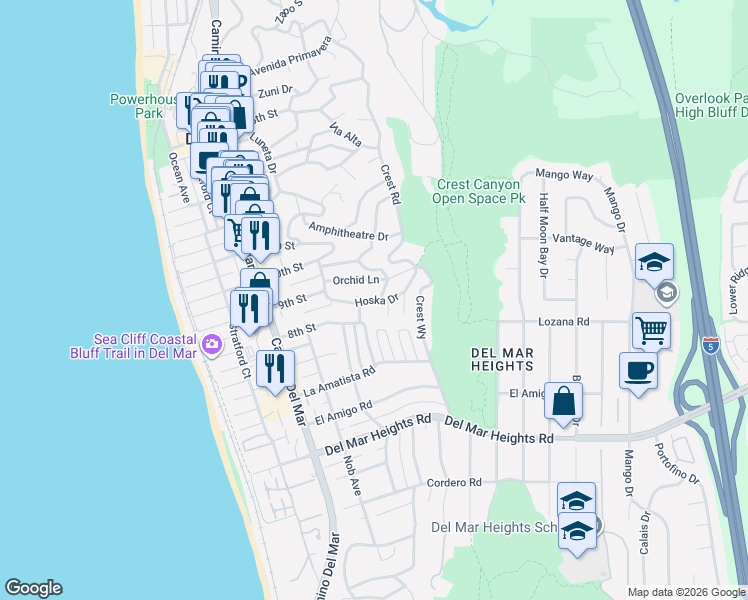 map of restaurants, bars, coffee shops, grocery stores, and more near Hoska Dr in Del Mar
