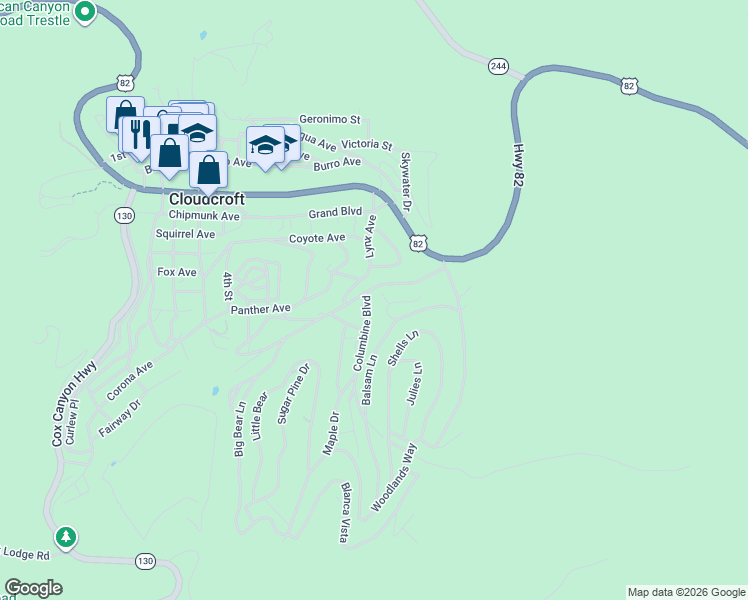 map of restaurants, bars, coffee shops, grocery stores, and more near 520 Balsam Lane in Cloudcroft