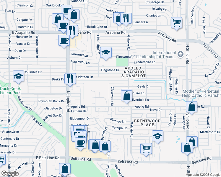 map of restaurants, bars, coffee shops, grocery stores, and more near 4009 Clearwood Drive in Garland