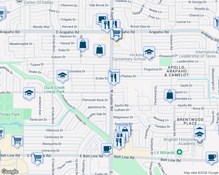map of restaurants, bars, coffee shops, grocery stores, and more near 3425 Moonglow Drive in Garland