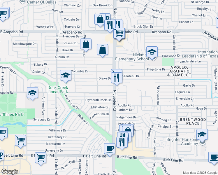 map of restaurants, bars, coffee shops, grocery stores, and more near 2109 Apollo Road in Richardson