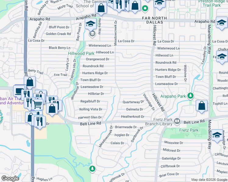 map of restaurants, bars, coffee shops, grocery stores, and more near 6764 Hillbriar Drive in Dallas
