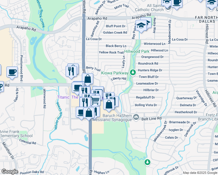 map of restaurants, bars, coffee shops, grocery stores, and more near 15215 Berry Trail in Dallas