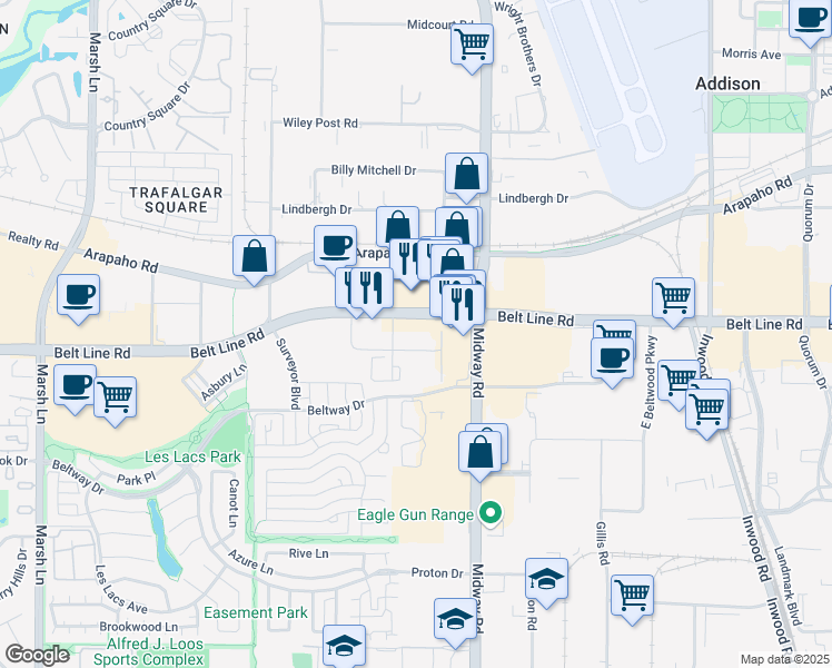 map of restaurants, bars, coffee shops, grocery stores, and more near 4148 Belt Line Road in Addison
