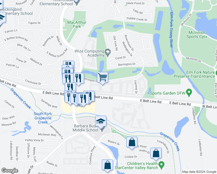 map of restaurants, bars, coffee shops, grocery stores, and more near 1315 Riverchase Drive in Coppell