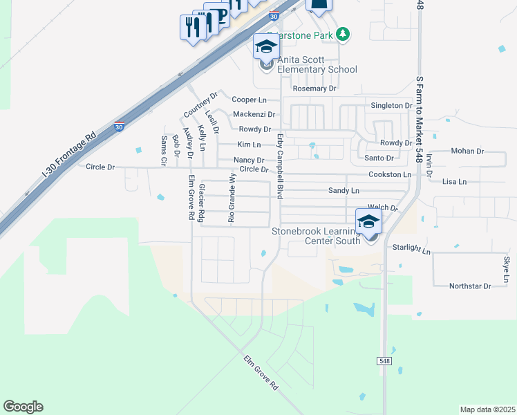map of restaurants, bars, coffee shops, grocery stores, and more near 3316 Flatiron Drive in Royse City