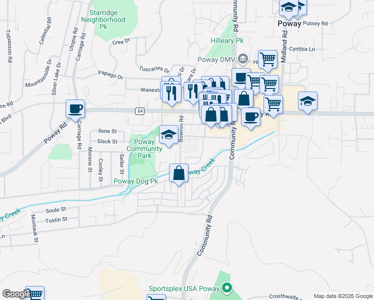 map of restaurants, bars, coffee shops, grocery stores, and more near 13230 Creekside Lane in Poway
