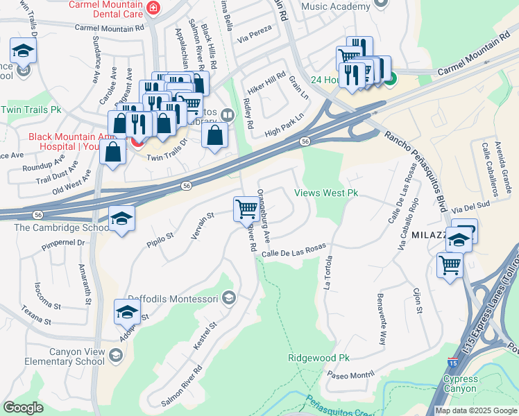 map of restaurants, bars, coffee shops, grocery stores, and more near 12932 Orangeburg Avenue in San Diego