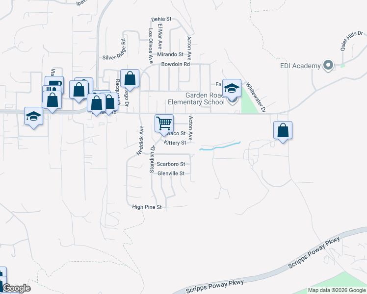 map of restaurants, bars, coffee shops, grocery stores, and more near 14543 Kittery Street in Poway