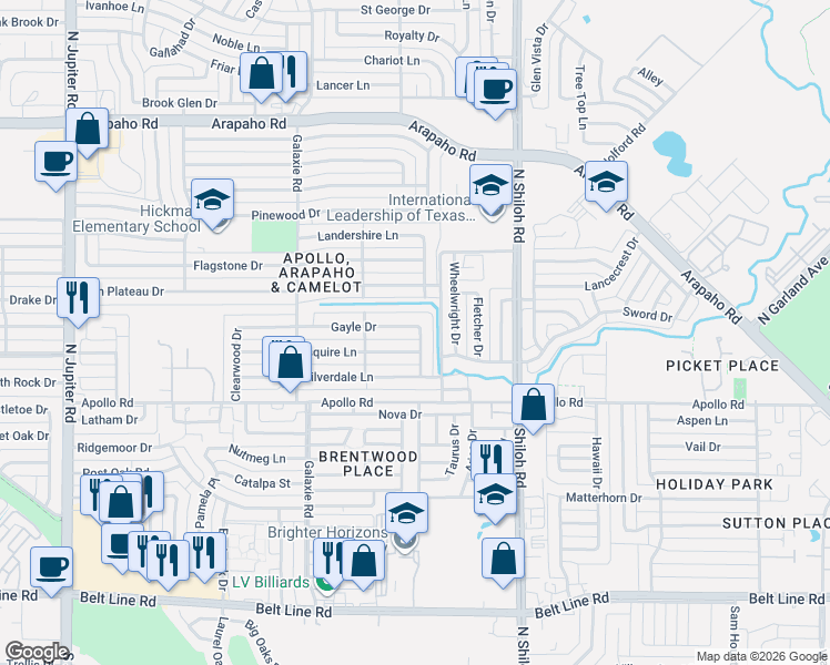 map of restaurants, bars, coffee shops, grocery stores, and more near 2605 Gayle Drive in Garland