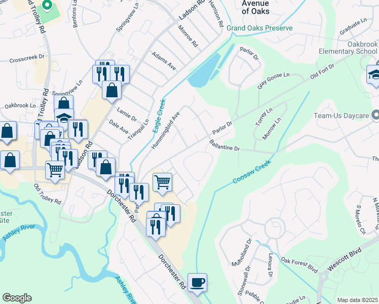 map of restaurants, bars, coffee shops, grocery stores, and more near 5224 Copley Circle in Summerville