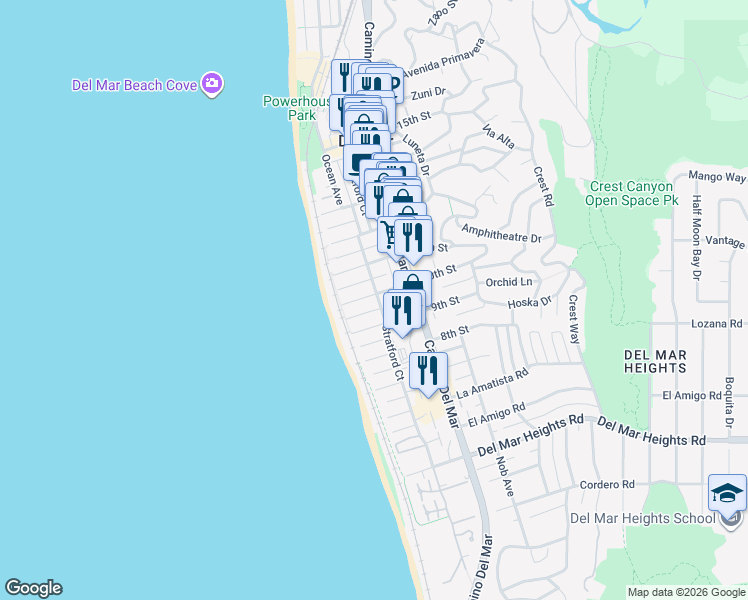 map of restaurants, bars, coffee shops, grocery stores, and more near 950 Stratford Court in Del Mar