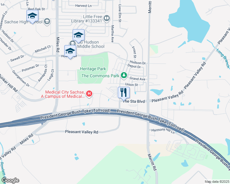 map of restaurants, bars, coffee shops, grocery stores, and more near 2901 Pleasant Valley Road in Sachse