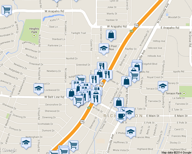 map of restaurants, bars, coffee shops, grocery stores, and more near 340 Custer Road in Richardson