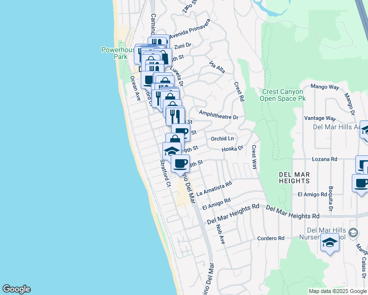 map of restaurants, bars, coffee shops, grocery stores, and more near 318 9th Street in Del Mar