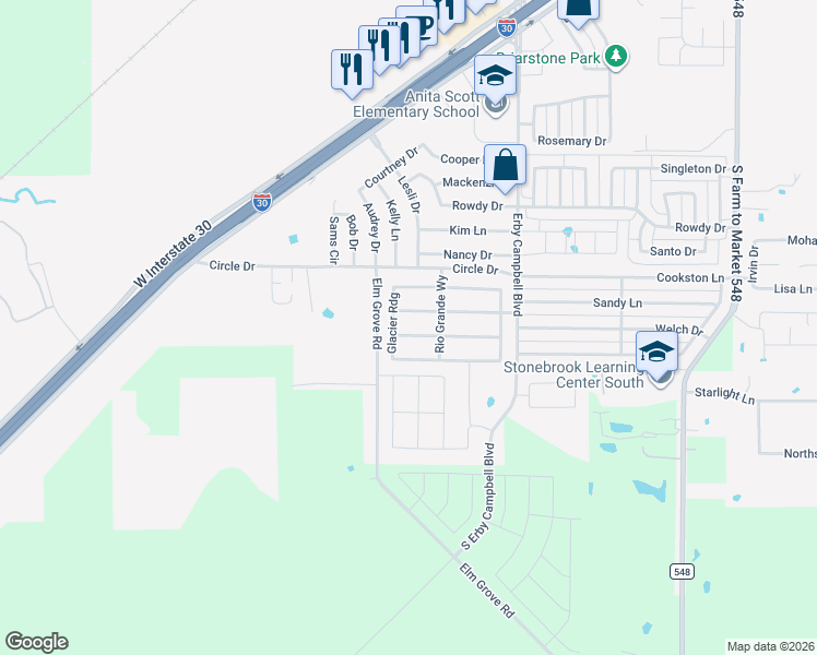 map of restaurants, bars, coffee shops, grocery stores, and more near 3432 Flatiron Drive in Royse City