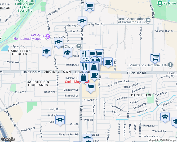 map of restaurants, bars, coffee shops, grocery stores, and more near in Carrollton