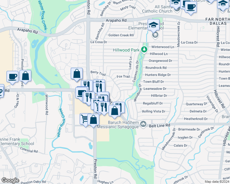 map of restaurants, bars, coffee shops, grocery stores, and more near 15215 Berry Trail in Dallas