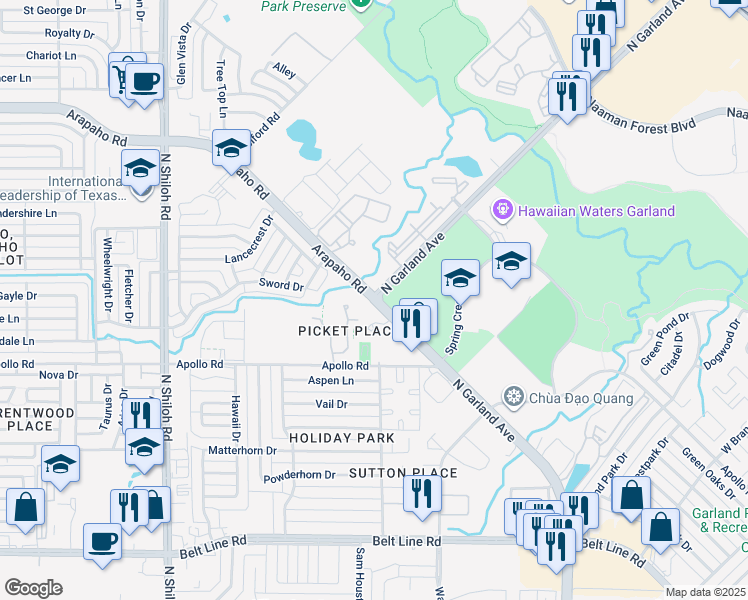 map of restaurants, bars, coffee shops, grocery stores, and more near 3928 Brandon Park Drive in Garland