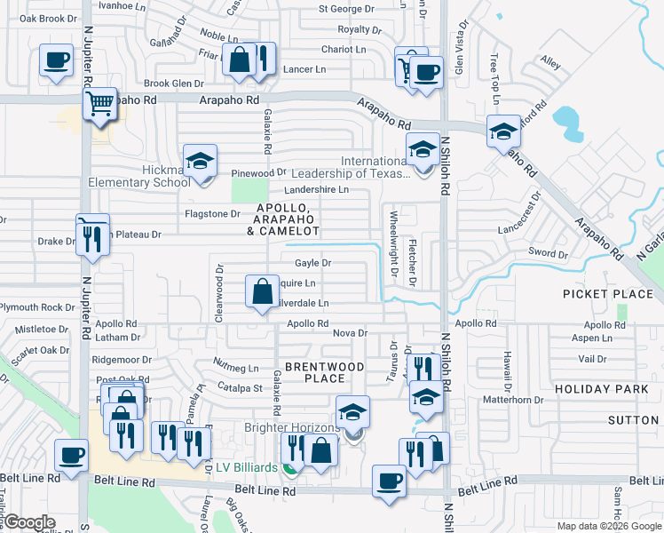 map of restaurants, bars, coffee shops, grocery stores, and more near 2805 Esquire Lane in Garland