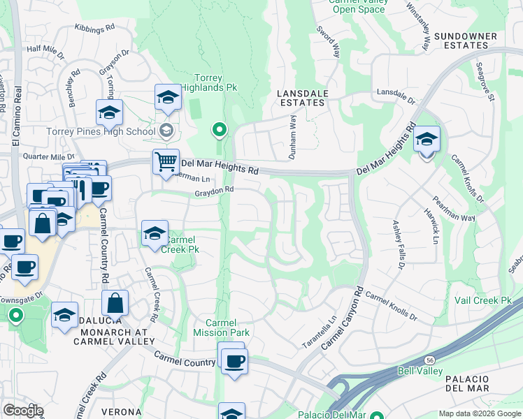 map of restaurants, bars, coffee shops, grocery stores, and more near 5026 Carmel Center Road in San Diego