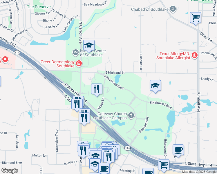 map of restaurants, bars, coffee shops, grocery stores, and more near 1379 East Highland Street in Southlake