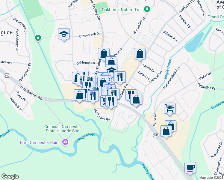 map of restaurants, bars, coffee shops, grocery stores, and more near 10008 Dorchester Road in Summerville