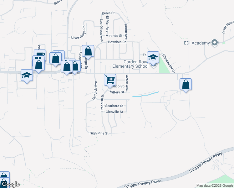 map of restaurants, bars, coffee shops, grocery stores, and more near 14525 Kittery Street in Poway