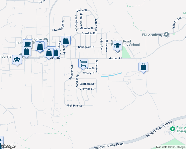 map of restaurants, bars, coffee shops, grocery stores, and more near 14543 Kittery Street in Poway